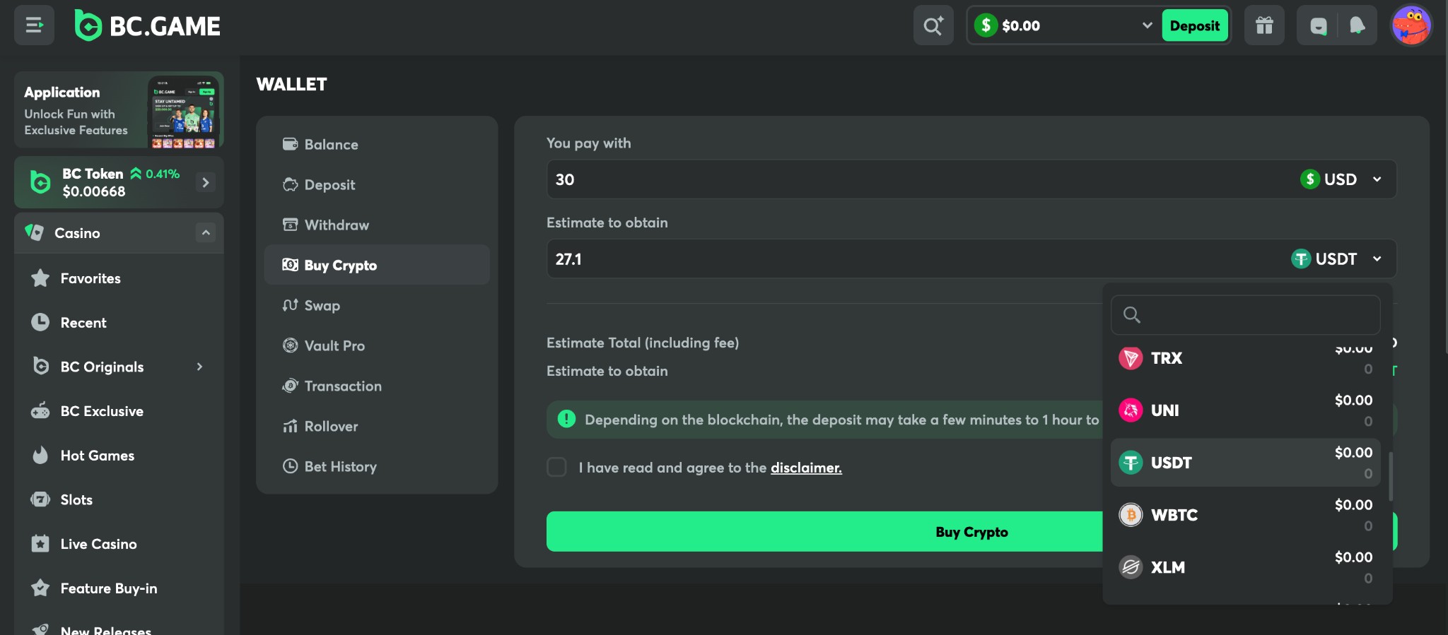 Tela de compra de cripto no BC.Game com mais de 150 opções