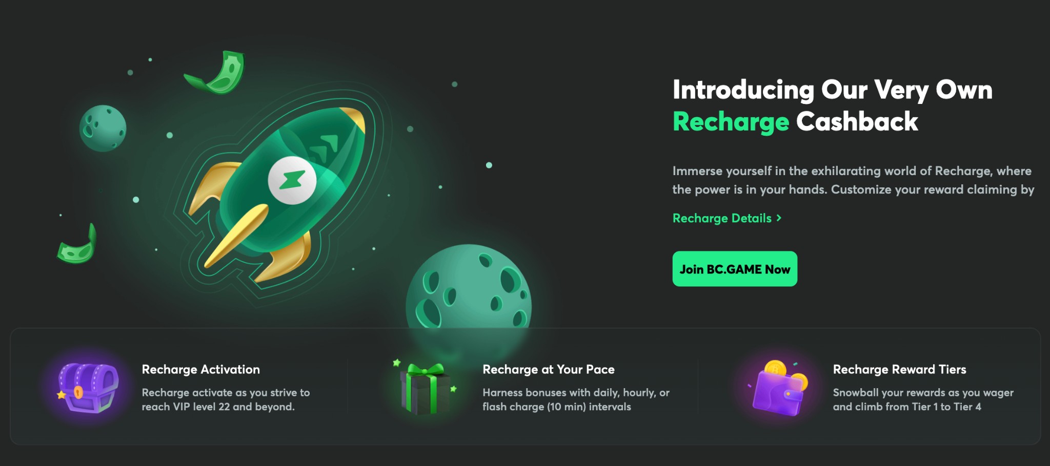 BC.Game Recharge Cashback — ative no VIP 22 e resgate daily, hourly ou flash (10 min)