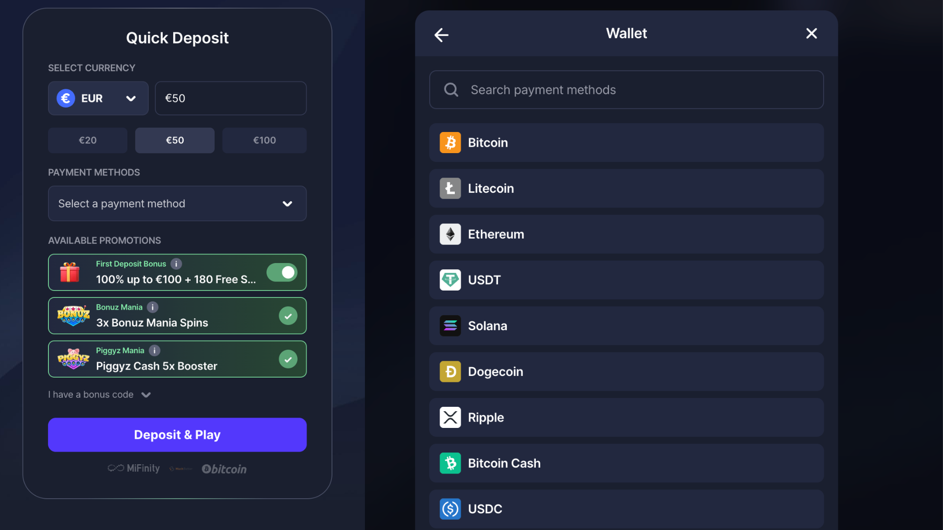 Tela de depósito do Bitstarz